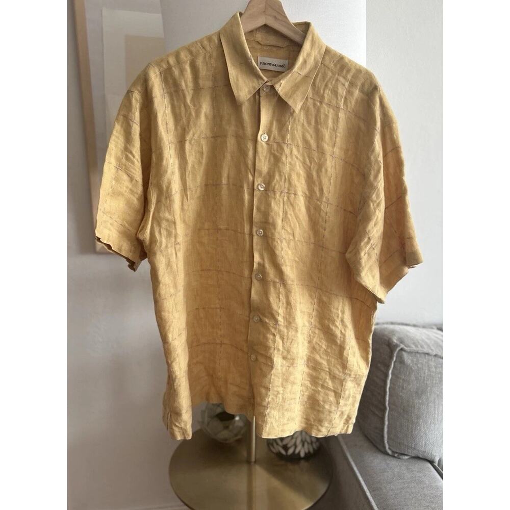 Pronto Uomo Yellow Linen Summer Tropical Hawaiian Shirt Xl Beach Vacation - Picture 2 of 9